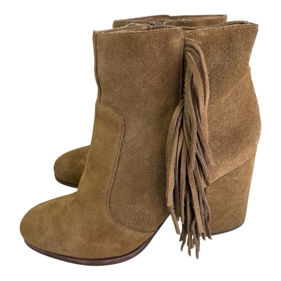 Via Spiga Shoes - Via Spiga Niurka Dark Natural Suede Fringe Bock Heel Booties Size 9.5 M